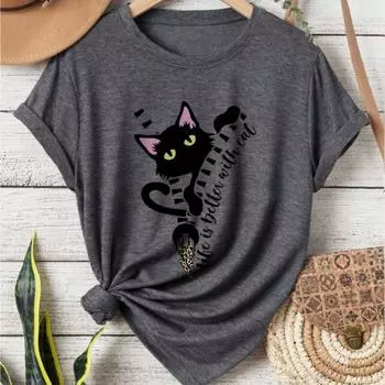 Модная женская милая и забавная футболка с принтом кота и буквами, забавная повседневная футболка с круглым вырезом и короткими рукавами, летняя женская футболка XS фиолетовый