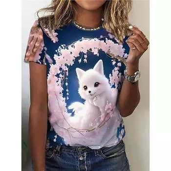 Модная женская милая летняя футболка с рисунком из мультфильма «Животное-кошка» с 3D-принтом, женская уличная повседневная футболка Y2k с коротким рукавом и круглым вырезом S