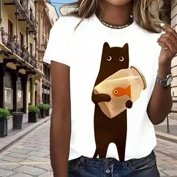 Модная женская милая забавная футболка с принтом кота, забавная повседневная футболка с круглым вырезом и короткими рукавами, летняя женская футболка XS белый