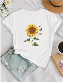 Модная женская минималистичная футболка с акварельным принтом подсолнуха, забавная повседневная футболка с круглым вырезом и короткими рукавами, летняя женская футболка XS зелёный