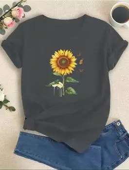 Модная женская минималистичная футболка с акварельным принтом подсолнуха, забавная повседневная футболка с круглым вырезом и короткими рукавами, летняя женская футболка XS белый
