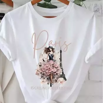 Модная женская модная футболка с принтом «Цветочная башня» для девочек, забавная повседневная футболка с круглым вырезом и короткими рукавами, летняя женская футболка XS белый