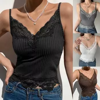 Модная женская нерегулярная кружевная майка с v-образным вырезом, маленькая тонкая майка L чёрный