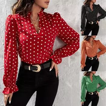 Модная женская нижняя рубашка, приталенный пуловер, футболка в горошек с длинным рукавом