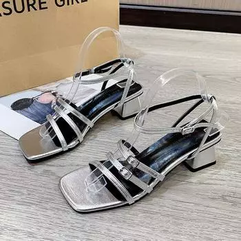 Модная женская обувь 2024 года, бежевые босоножки на каблуке с пряжкой на ремне, эспадрильи на платформе, средние, роскошные, черные, новые, серебристые, гладиаторы, лето 35 чёрный