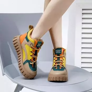 Модная женская обувь 2024 года, брендовые женские туфли со шнуровкой спереди, вулканизированные туфли, модные цветные туфли, горячая распродажа, туфли на плоской подошве с круглым носком и высоким верхом 35 жёлтый