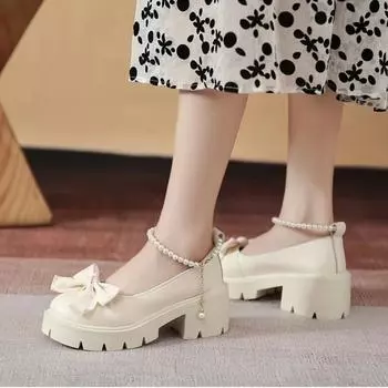 Модная женская обувь 2024 года, брендовые женские туфли с пряжкой и ремешком на высоком каблуке, модные туфли-лодочки с бабочкой и узлом, туфли-лодочки, новые туфли с бисером и шнурком для женщин 35 покинуть белый