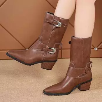 Модная женская обувь 2024 года, фирменные женские сапоги без застежек, модные современные сапоги с пряжкой на ремне, женские сексуальные сапоги с острым носком, большие размеры, до середины икры 35 чёрный