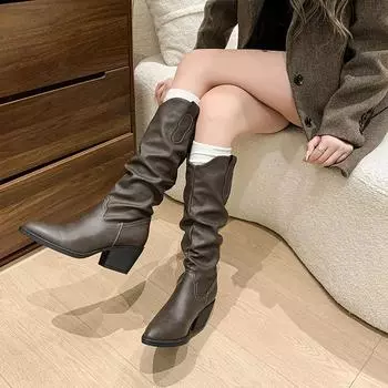 Модная женская обувь 2024 года, фирменные женские сапоги без застежек, модные вышитые современные сапоги, женские сексуальные сапоги с острым носком, большие размеры, до колена 35 чёрный