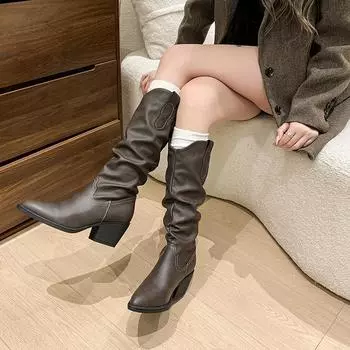 Модная женская обувь 2024 года, фирменные женские сапоги без застежек, модные вышитые современные сапоги, женские сексуальные сапоги с острым носком, большие размеры, до колена 35 чёрный