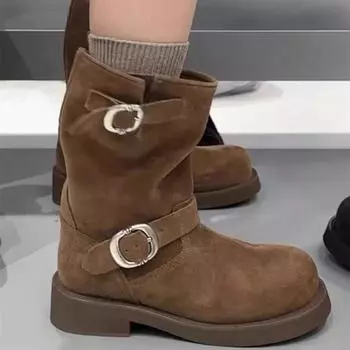 Модная женская обувь 2024 года, горячая распродажа, женские сапоги до середины икры, ретро-современные сапоги, женские туфли с пряжкой на ремне и круглым носком, на низком каблуке 35