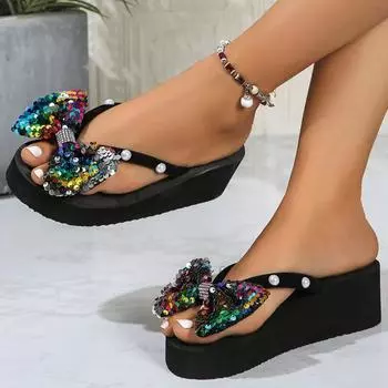 Модная женская обувь 2024 года, горячая распродажа, летние женские тапочки, бабочка-узел, цветные пайетки, платформа, средний каблук, водонепроницаемые тапочки для женщин 36 чёрный