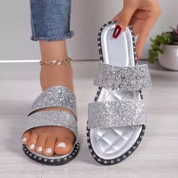 Модная женская обувь 2024 года, горячая распродажа, женские тапочки больших размеров, классические современные тапочки, женские туфли на плоской подошве с круглым носком и блестящими краями 36 чёрный