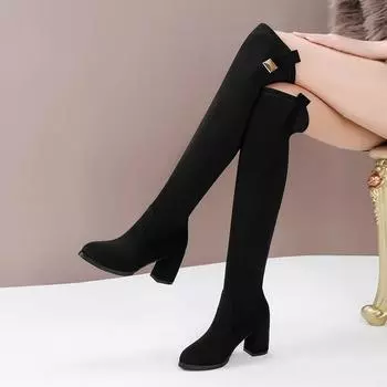 Модная женская обувь 2024 года, горячая распродажа, женские сапоги без застежек, модные металлические украшения, современные сапоги, женские новые сапоги до колена с круглым носком 34