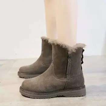 Модная женская обувь 2024 года, горячая распродажа, женские ботинки на молнии, зимние, с круглым носком, из цельного флика и бархата, теплые, удобные, на низком каблуке, зимние ботинки 35 хаки
