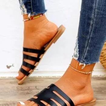 Модная женская обувь 2024 года, горячая распродажа, женские тапочки с открытым носком, летние пляжные тапочки, женские плоские легкие уличные туфли больших размеров в римском стиле для женщин 35 чёрный