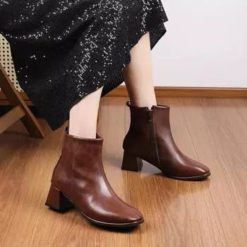 Модная женская обувь 2024 года, горячая распродажа, женские ботильоны, модные женские ботинки с боковой молнией для офиса и карьеры, новые туфли на каблуке с квадратным носком для женщин, Zapatos Mujer 35 чёрный