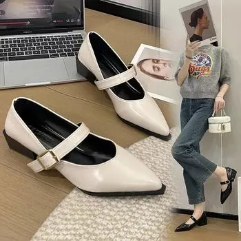 Модная женская обувь 2024 года, изысканные элегантные женские туфли-лодочки, удобные туфли на низком каблуке с неглубоким носком, модные туфли на квадратном каблуке с острым носком 35 бежевый