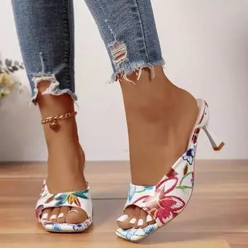Модная женская обувь 2024 года, летние высококачественные женские тапочки с открытым носком, модные женские тапочки на высоком каблуке большого размера с цветочным принтом 35