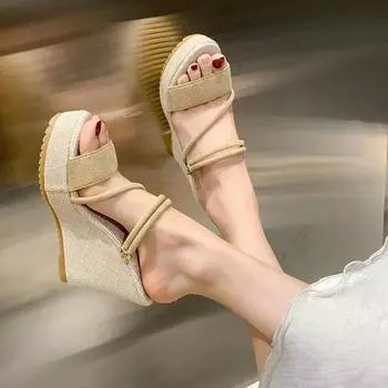 Модная женская обувь 2024 года, летняя мода, женские тапочки из двух предметов, с открытым носком, однотонные, из замши, на очень высоком каблуке, женская пляжная обувь 35 бежевый