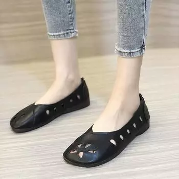 Модная женская обувь 2024 года, лето, новые модные белые туфли на плоской подошве с открытыми носками, женские повседневные кожаные мокасины для женщин 35 чёрный