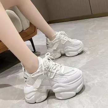 Модная женская обувь 2024 года, новые кроссовки с толстой подошвой, модные повседневные кроссовки на танкетке, женские туфли на шнуровке, вулканизированные, 8 см 34 бежевый