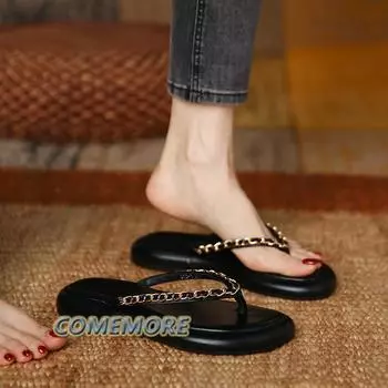 Модная женская обувь 2024 года, новые модные женские тапочки с металлической цепочкой, летние повседневные пляжные шлепанцы на плоской подошве для женщин, дизайнерские сандалии черного цвета 35 абрикосовый