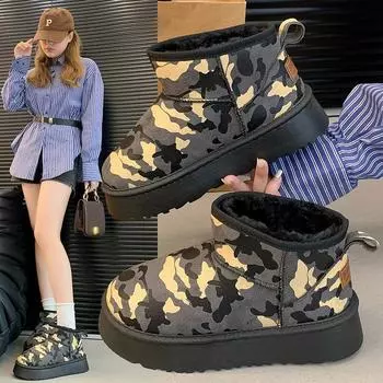 Модная женская обувь 2024 года. Новые модные и универсальные женские камуфляжные ботинки. Удобные и теплые зимние хлопковые ботинки Zapatos. 35 чёрный