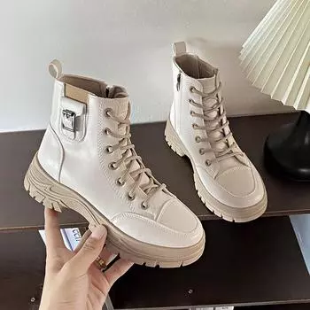 Модная женская обувь 2024 года, новые модные туфли на плоской подошве с застежкой-молнией для женщин, однотонные кожаные ботинки на платформе, ботильоны на шнуровке, Botas Mujer 36 белый