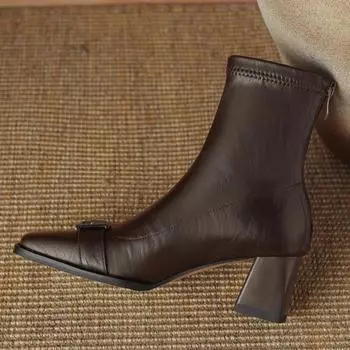 Модная женская обувь 2024 года, новые осенне-зимние теплые ботильоны на квадратном каблуке, черные туфли на молнии для вечеринок, размер 34-40 35 коричневый