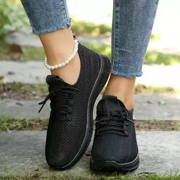 Модная женская обувь 2024 года, новые сетчатые женские вулканизированные туфли, дышащие женские кроссовки на шнуровке, однотонные, на низком каблуке, повседневная женская обувь для отдыха на открытом воздухе 35 чёрный