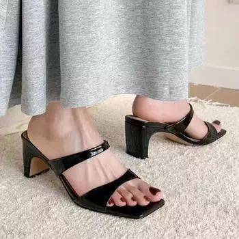 Модная женская обувь 2024 года, новые туфли с открытым носком и квадратным носком, женские тапочки, летние тапочки с открытым носком, неглубокие, однотонные, сексуальное платье, тапочки больших размеров 35 чёрный
