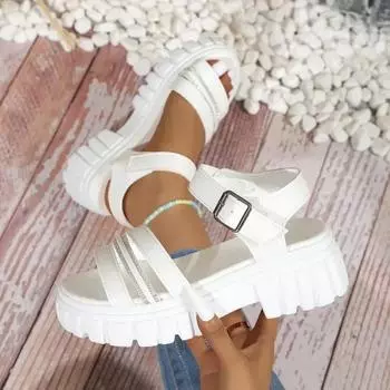 Модная женская обувь 2024 года, новые высококачественные женские сандалии с ремешком на щиколотке, летние с открытым носком и пряжкой, однотонные повседневные сандалии больших размеров 35 белый