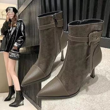 Модная женская обувь 2024 года, новые высококачественные женские ботинки с боковой молнией, модные однотонные ботильоны с острым носком 34 чёрный