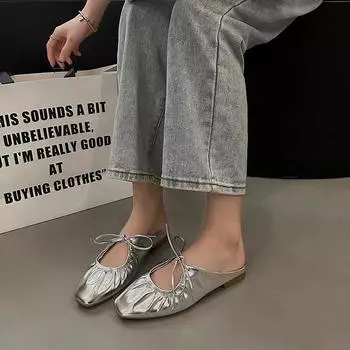 Модная женская обувь 2024 года, новые женские тапочки с перекрестными шнурками, модные повседневные тапочки с закрытым носком, женская горячая распродажа, тапочки на плоской подошве с квадратным каблуком 38 золотой