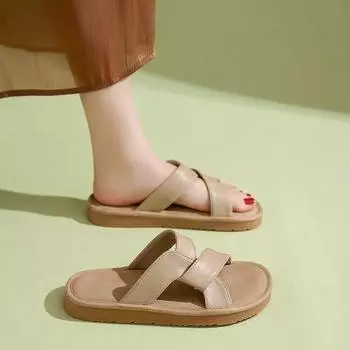 Модная женская обувь 2024 года, новые женские тапочки с открытым носком, летние ретро-тапочки на твердой подошве, повседневные удобные тапочки на плоской подошве Zapatillas Mujer 35 абрикосовый