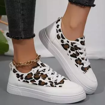 Модная женская обувь 2024 года, новые женские туфли на шнуровке из вулканизированной кожи, осенние туфли с круглым носком и леопардовым принтом, разноцветные, на плоской подошве, повседневные, удобные туфли 36 цветной печати леопарда