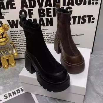 Модная женская обувь 2024 года, новые женские ботинки на молнии, зимние, с круглым носком, однотонные, короткие, на толстой подошве, водонепроницаемые, модные, голые ботинки 35 чёрный