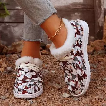 Модная женская обувь 2024 года, осень и зима, новый стиль, повседневная обувь с принтом, теплая женская обувь из хлопка на плоской подошве из бархата 36