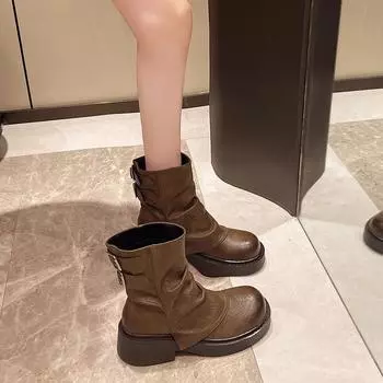 Модная женская обувь 2024 года, осень, новая мода, универсальные повседневные ботинки в стиле ретро на толстом каблуке и платформе, женские ботинки на платформе 36 чёрный