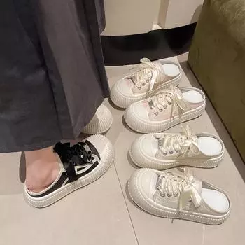 Модная женская обувь 2024 года, полутапочки Baotou для женщин, которые можно носить весной, летом и осенью, повседневные полутапочки на толстой подошве 35 бежевый