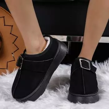 Модная женская обувь 2024 года, сабо с круглым носком, мокасины с толстой подошвой, меховые новые зимние туфли с толстой подошвой, резиновая подошва, противоскользящие ботинки для снега 36 чёрный
