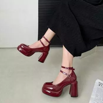 Модная женская обувь 2024 года, толстые высокие каблуки, неглубокие круглые носки, женские туфли-лодочки на платформе с пряжкой на щиколотке, женские туфли Мэри Джейн 35 бежевый