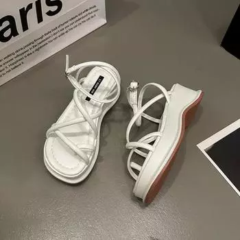 Модная женская обувь 2024 года, туфли-маффины на среднем каблуке, женские сандалии, повседневные, новые, плоские, низкие, толстые, летние, бежевые, гладиаторские сандалии для девочек 35 чёрный