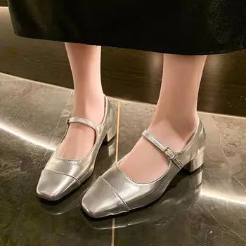 Модная женская обувь 2024 года. Высококачественные женские туфли-лодочки с пряжкой из одного слова. Осенние туфли-лодочки Mary Jane с квадратным носком и разноцветным вырезом. Женские туфли-лодочки с неглубоким горлом. 35