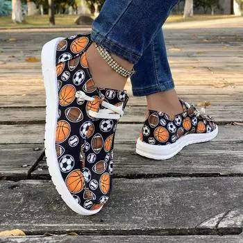 Модная женская обувь 2024 года, весна и осень, новый стиль, круглый носок, принт, удобная повседневная ткань, шнуровка 36 чёрный