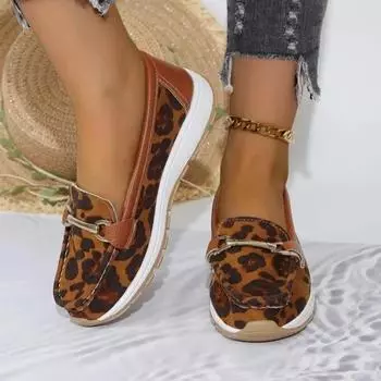 Модная женская обувь 2024 года, высококачественные женские туфли на плоской подошве, модные леопардовые туфли-лоферы, горячая распродажа, металлические украшения, туфли на низком каблуке 36 цветной печати леопарда