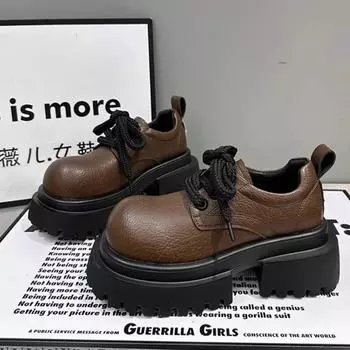 Модная женская обувь 2024 года, высококачественные женские туфли-лодочки на шнуровке, осенние туфли с круглым носком, однотонные, для улицы, повседневные, на толстом каблуке, для офиса, женская обувь 35 чёрный