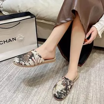 Модная женская обувь 2024 года, высококачественные женские тапочки Baotou, модная домашняя хлопковая обувь с принтом, новые тапочки большого размера на плоской подошве Zapatos 35-36 абрикосовый