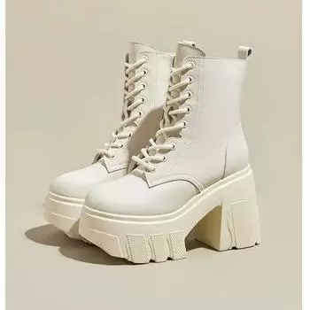 Модная женская обувь 2024 года, высококачественные женские ботильоны, модные современные ботинки со шнуровкой спереди, женские, горячая распродажа, круглый носок, каблуки на платформе 35 покинуть белый